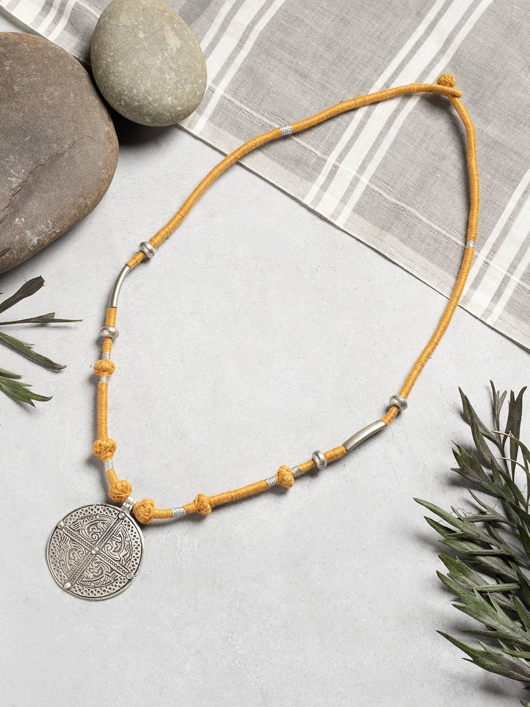 NecklaceMustard Patwa Thread Necklace with Silver - Toned Round PendantKaladoraFlourish Planet