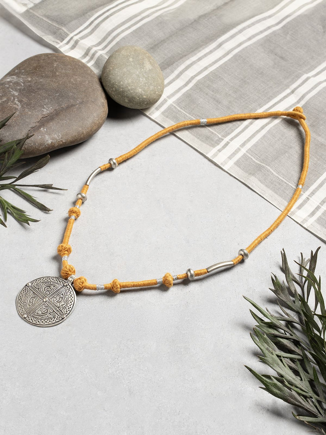 NecklaceMustard Patwa Thread Necklace with Silver - Toned Round PendantKaladoraFlourish Planet