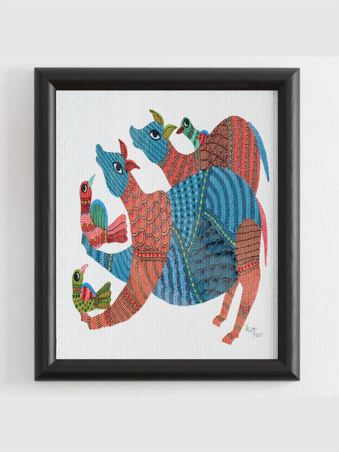 DecorNandi and Birds Gond Art Painting - UnframedKailash Pradhan