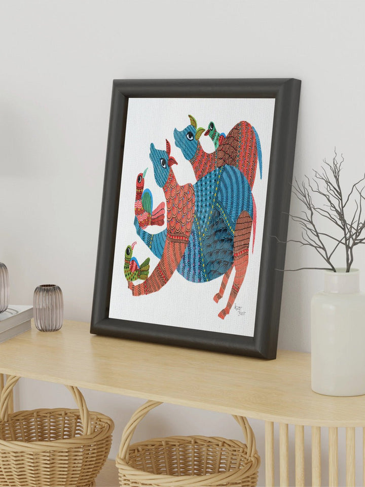 DecorNandi and Birds Gond Art Painting - UnframedKailash Pradhan