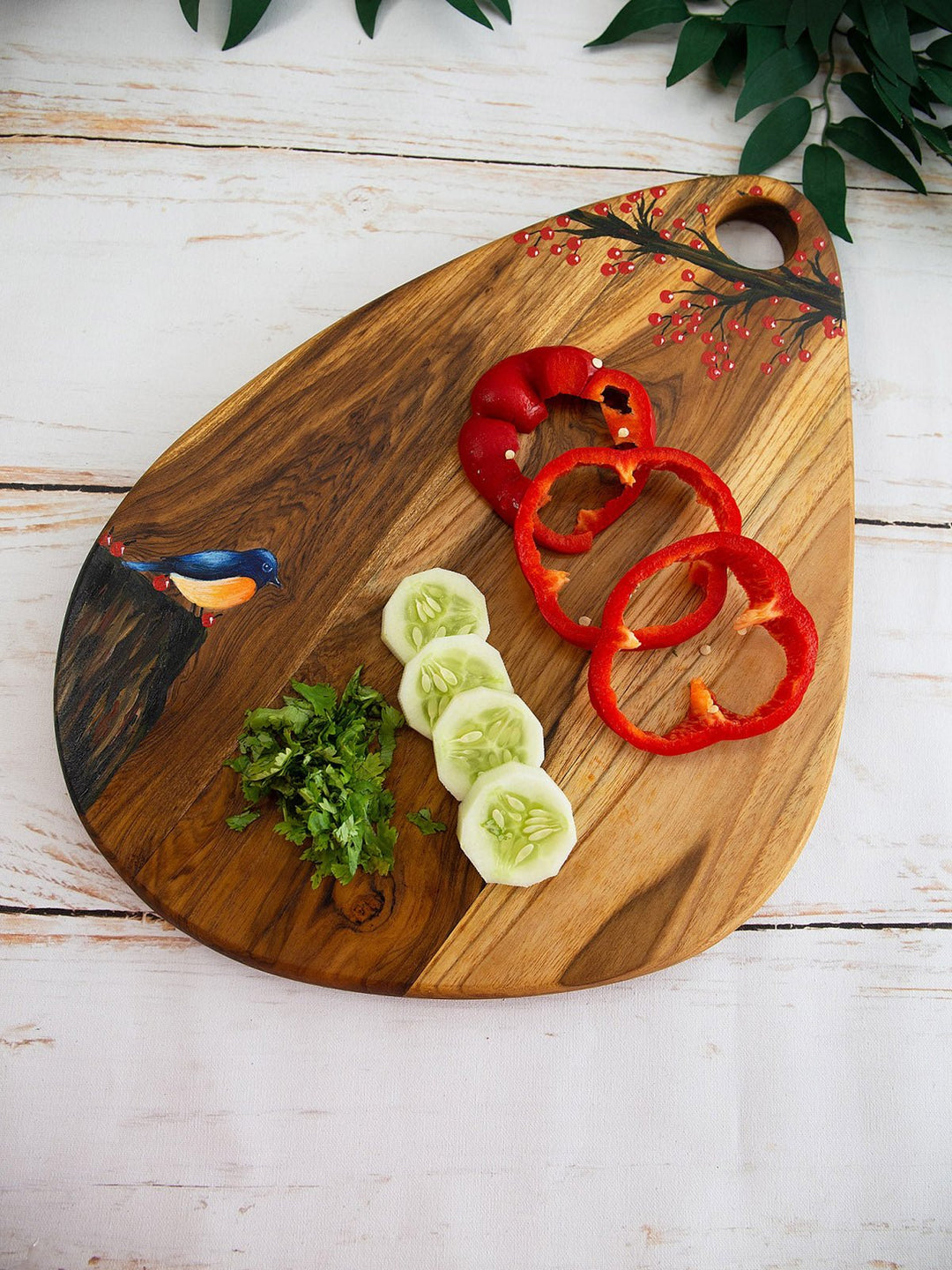 Table and DiningNature Inspired Handpainted Egg Shaped Teakwood Platter Cum Cutting Board BrownDeco Talk