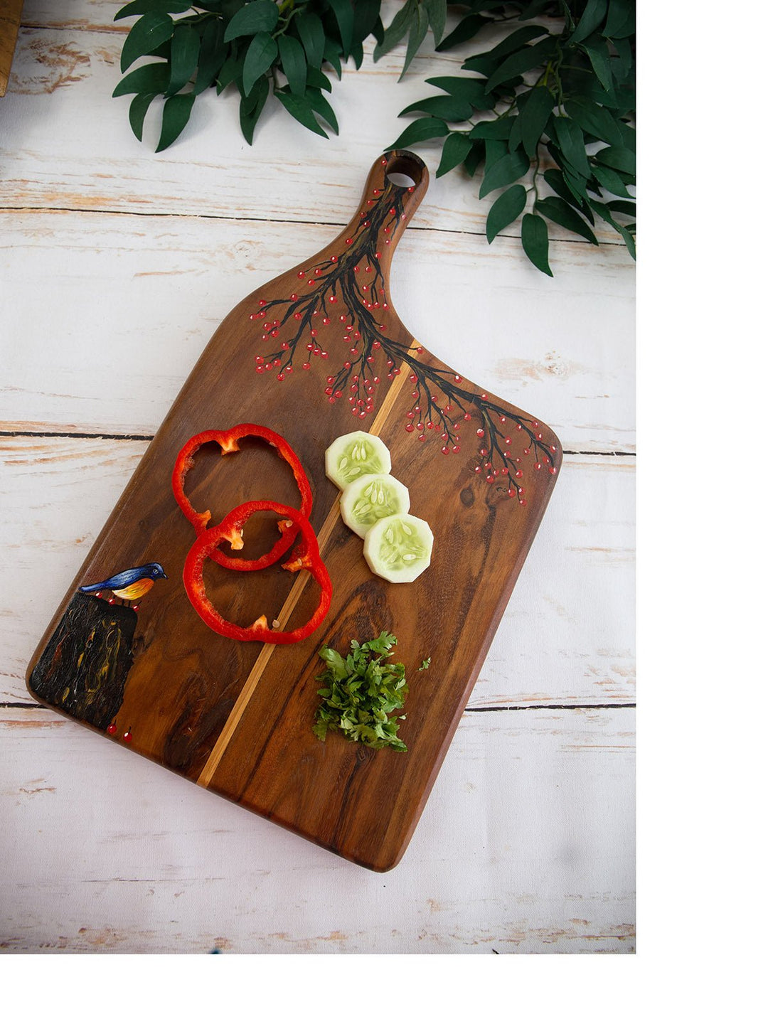 Table and DiningNature Inspired Handpainted Teakwood Platter Cheese Board With Handle BrownDeco Talk