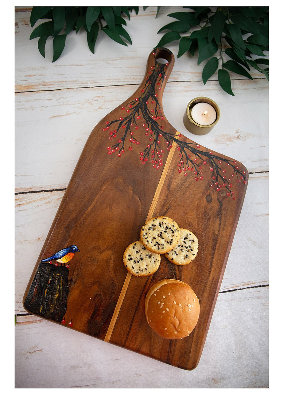 Table & DiningNature Inspired Handpainted Teakwood Platter Cheese Board With Handle BrownDeco TalkFlourish Planet