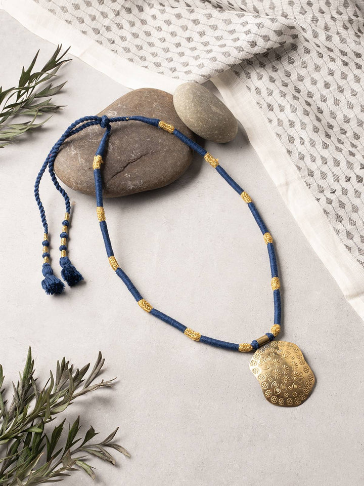 NecklaceNavy Blue & Golden Patwa Thread Necklace with Gold - Toned Shield PendantKaladoraFlourish Planet