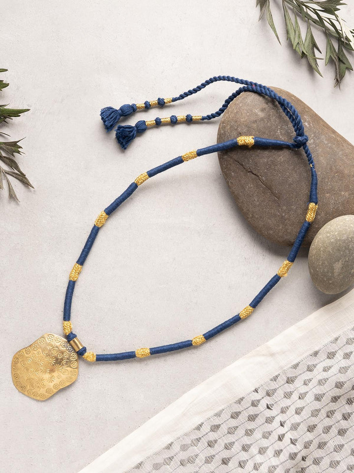 NecklaceNavy Blue & Golden Patwa Thread Necklace with Gold - Toned Shield PendantKaladoraFlourish Planet