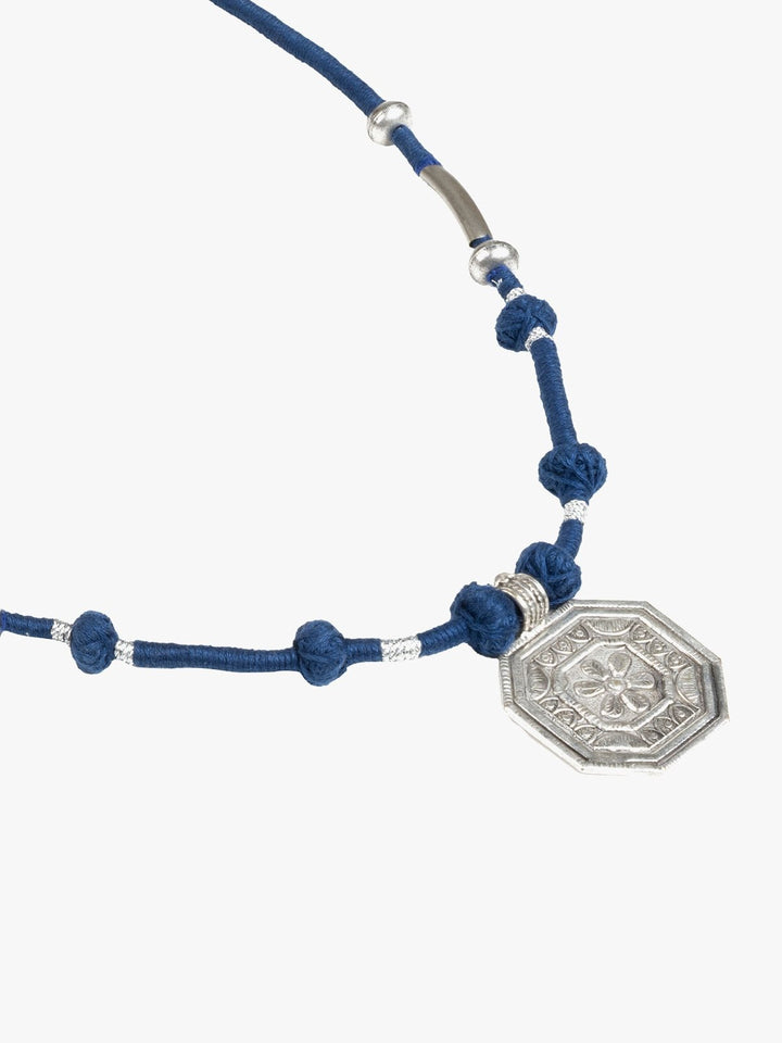 NecklaceNavy Blue Patwa Thread Necklace with Silver - Toned Octagonal PendantKaladoraFlourish Planet