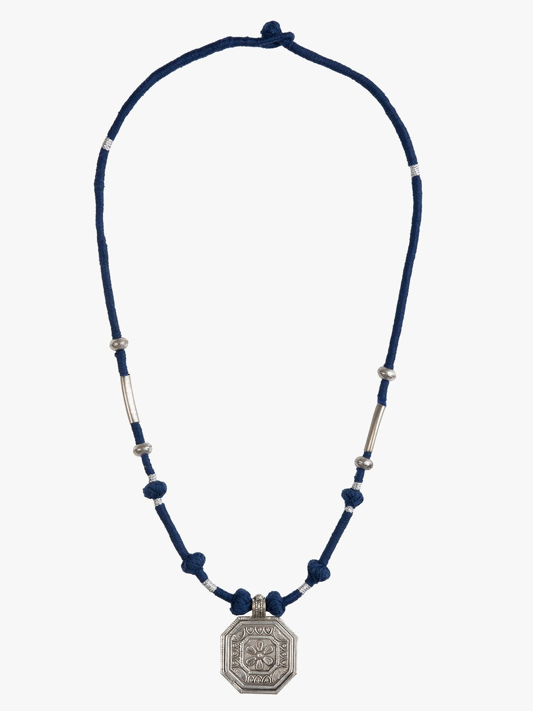 NecklaceNavy Blue Patwa Thread Necklace with Silver - Toned Octagonal PendantKaladoraFlourish Planet