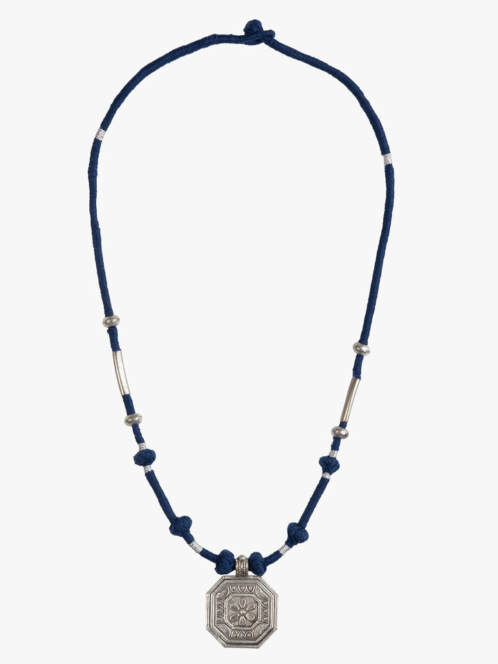 NecklaceNavy Blue Patwa Thread Necklace with Silver - Toned Octagonal PendantKaladoraFlourish Planet