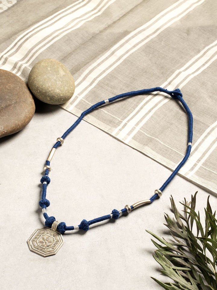 NecklaceNavy Blue Patwa Thread Necklace with Silver - Toned Octagonal PendantKaladoraFlourish Planet