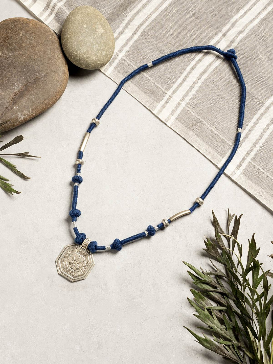 NecklaceNavy Blue Patwa Thread Necklace with Silver - Toned Octagonal PendantKaladoraFlourish Planet
