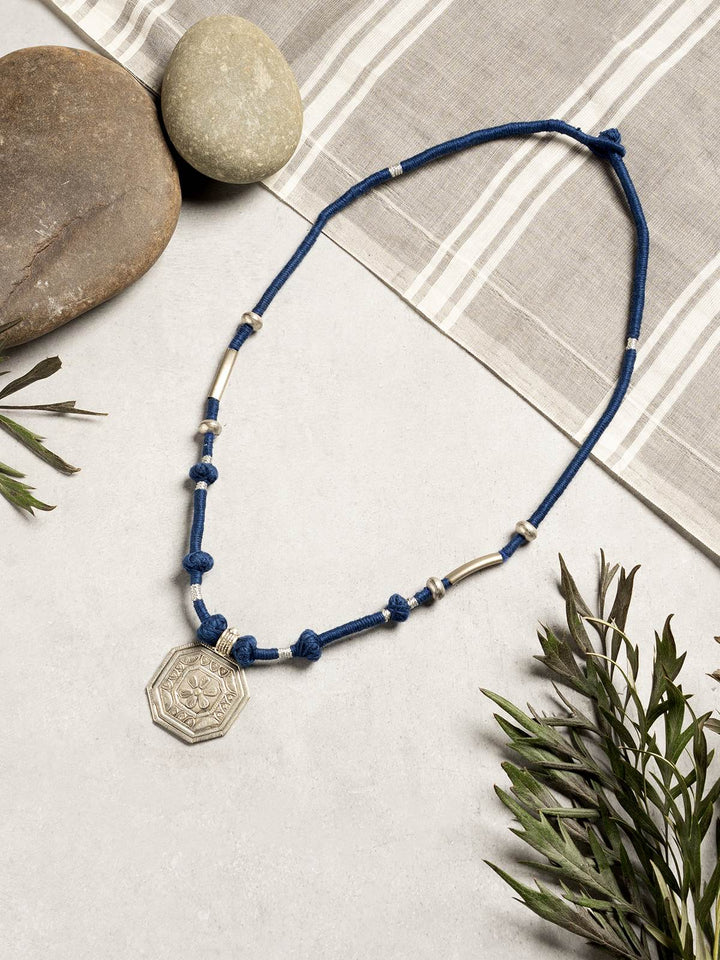 NecklaceNavy Blue Patwa Thread Necklace with Silver - Toned Octagonal PendantKaladoraFlourish Planet