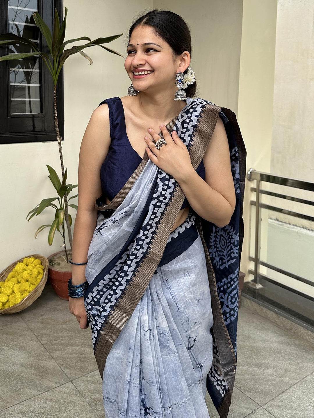 SareesNeelima Blue Batik Chanderi Silk SareePolki by Bhagwati SareesFlourish Planet