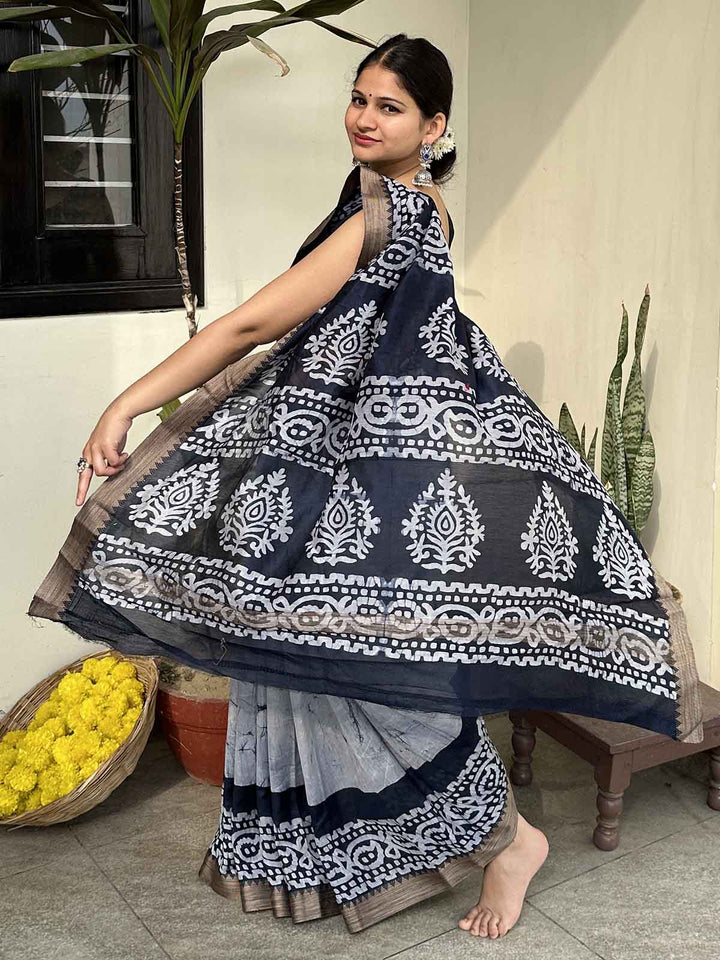 SareesNeelima Blue Batik Chanderi Silk SareePolki by Bhagwati SareesFlourish Planet