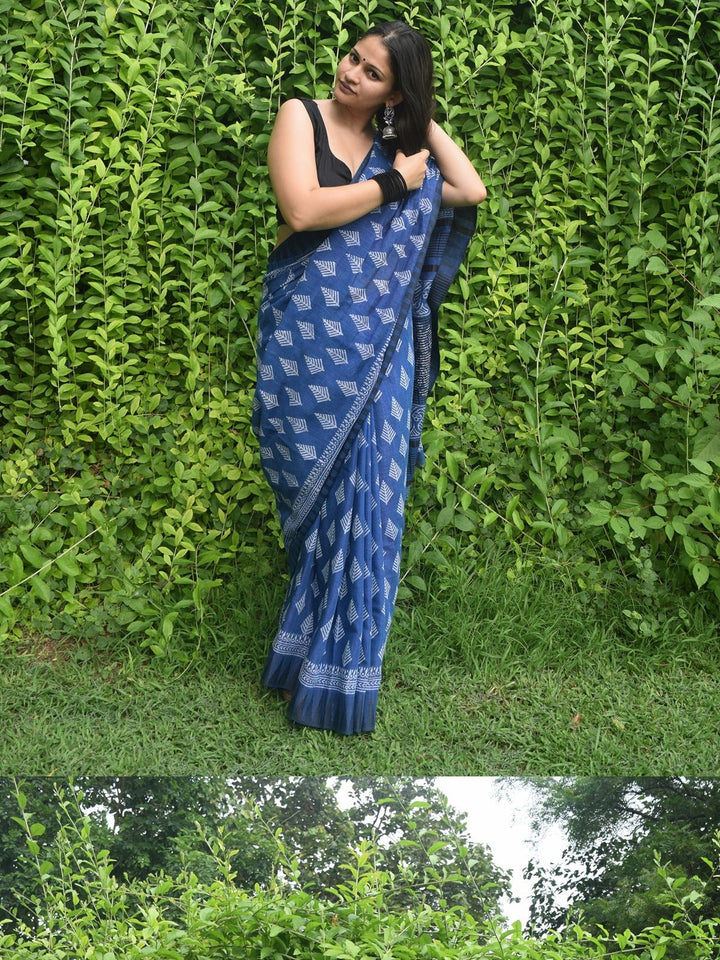 SareesNeyra Blue Hand Block Printed Katan silk & Linen SareePolki by Bhagwati SareesFlourish Planet