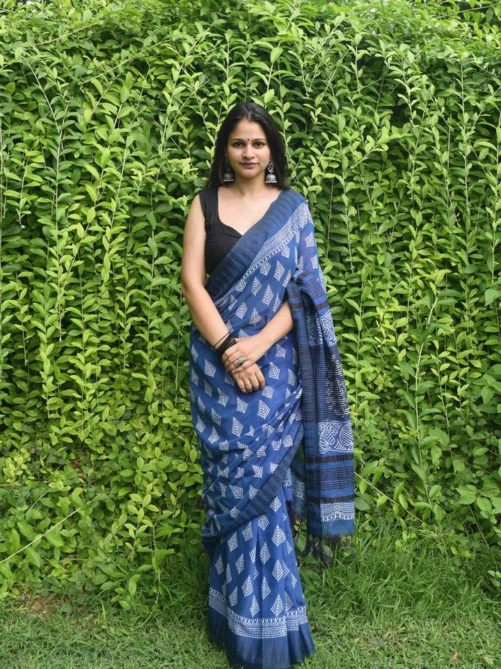 SareesNeyra Blue Hand Block Printed Katan silk & Linen SareePolki by Bhagwati SareesFlourish Planet