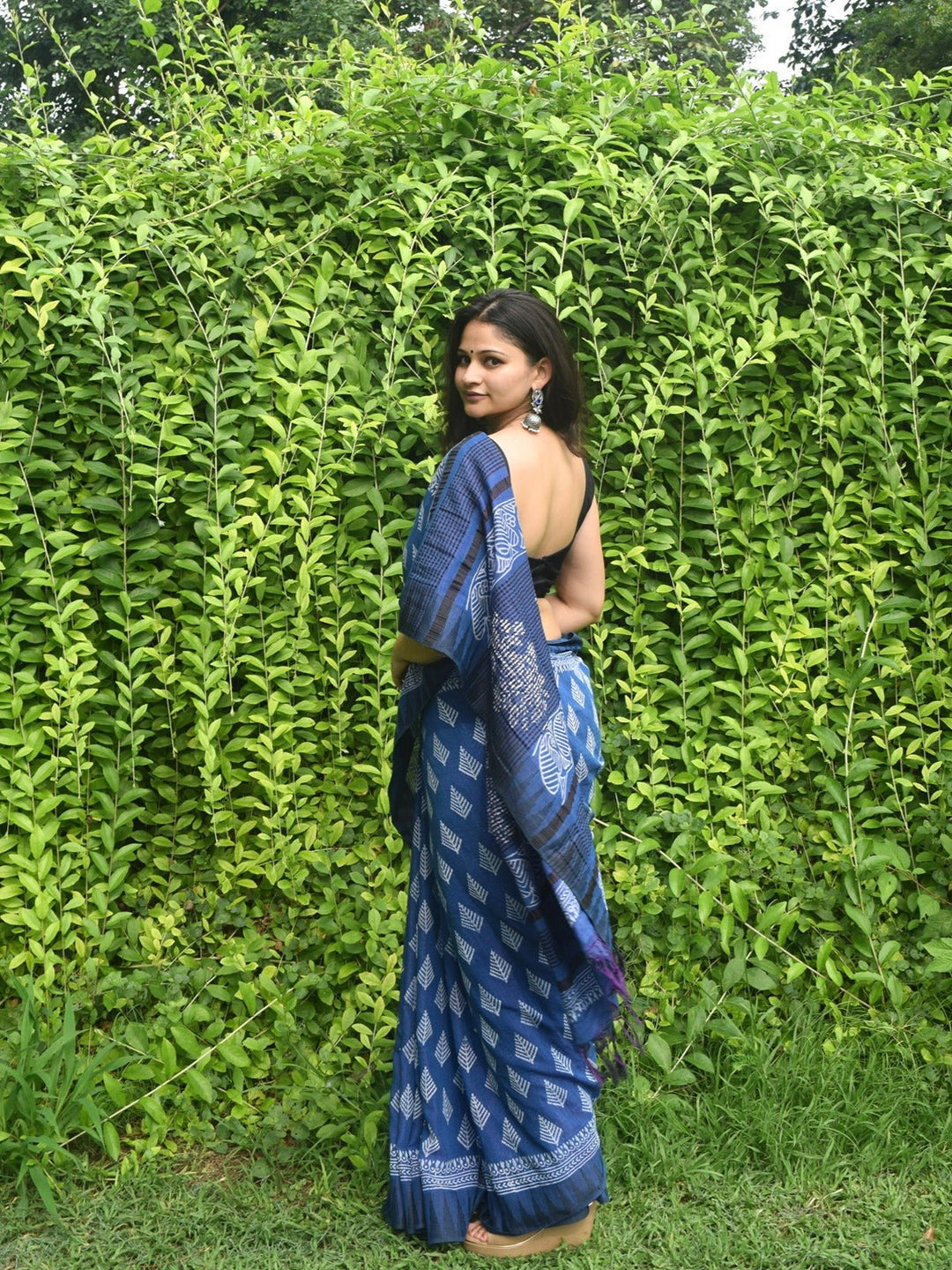 SareesNeyra Blue Hand Block Printed Katan silk & Linen SareePolki by Bhagwati SareesFlourish Planet