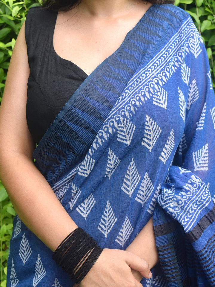 SareesNeyra Blue Hand Block Printed Katan silk & Linen SareePolki by Bhagwati SareesFlourish Planet