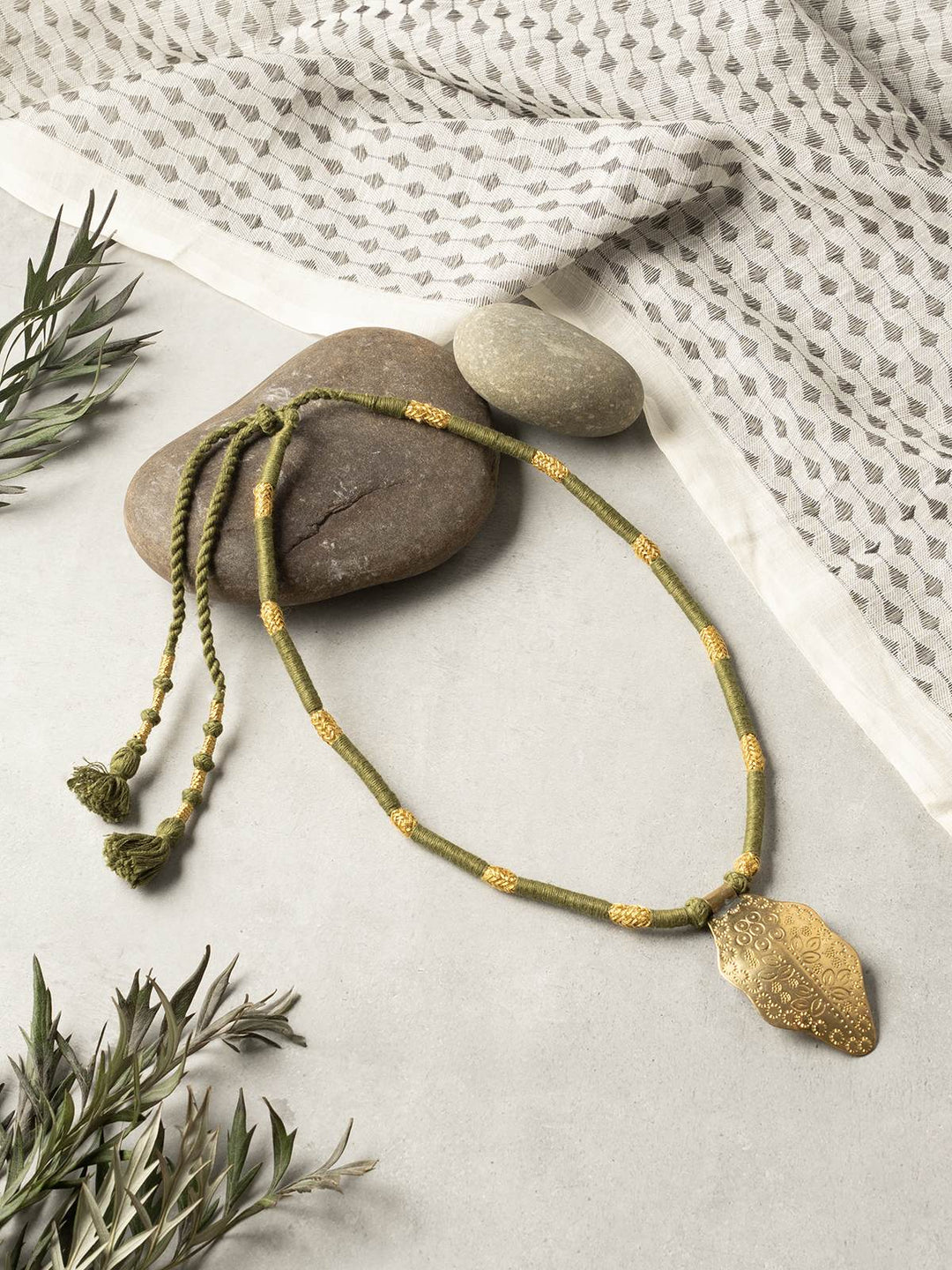 NecklaceOlive Green & Golden Patwa Thread Necklace with Gold - Toned Leaf PendantKaladoraFlourish Planet