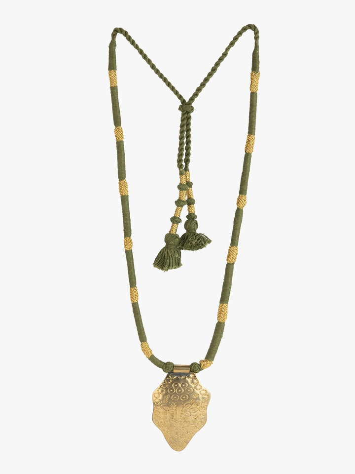 NecklaceOlive Green & Golden Patwa Thread Necklace with Gold - Toned Leaf PendantKaladoraFlourish Planet