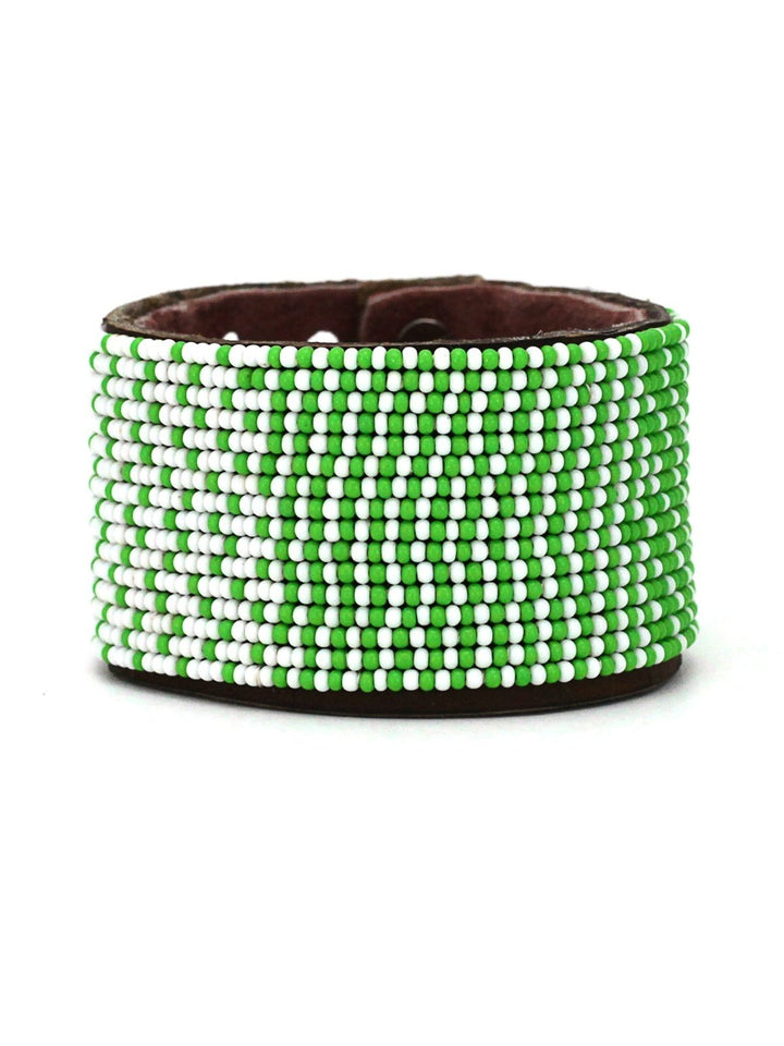 JewelryOmbre Green and White Beaded Leather CuffSwahili Coast