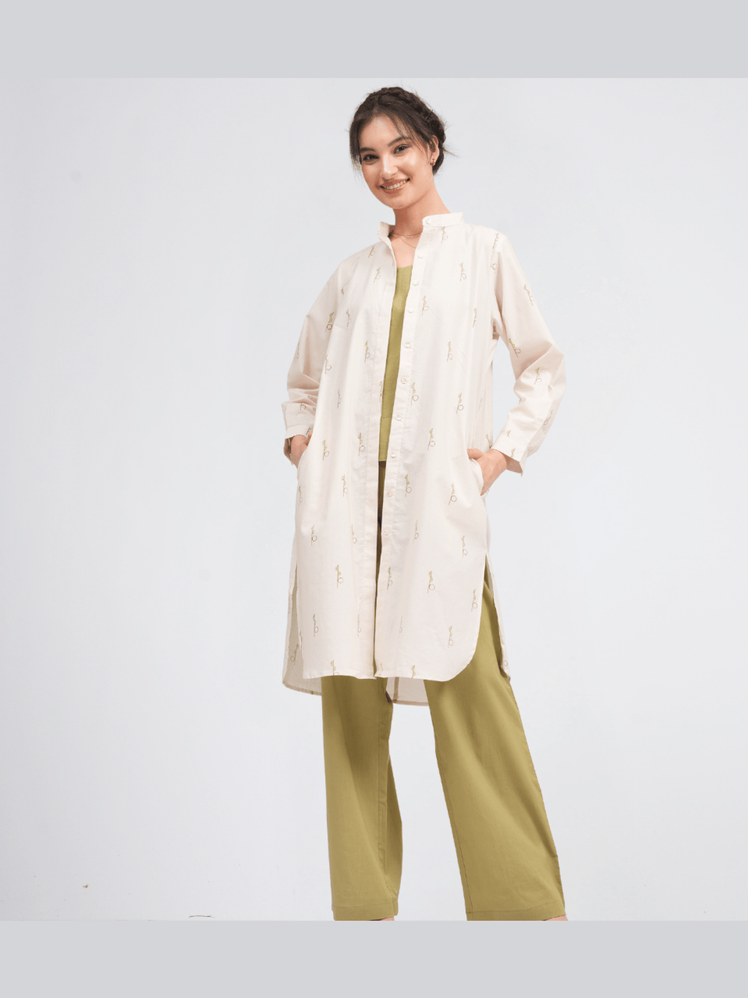 Co - ord SetOrganic Cotton Block Printed Button Down Overlay Slip Top with Overlay with Trousers 3 - Piece Co - ords SetSaltpetre