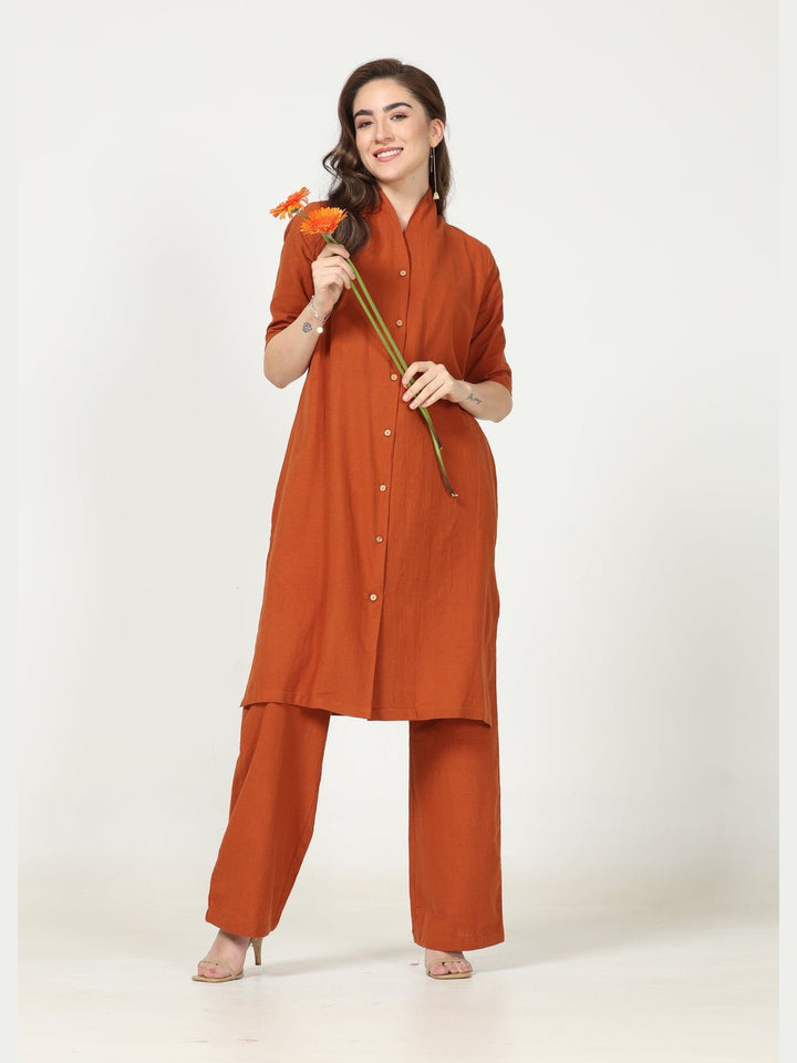 Co - ord SetOrganic Cotton Solid Long Shirt with Wide Leg Pant Co - ord SetSaltpetre