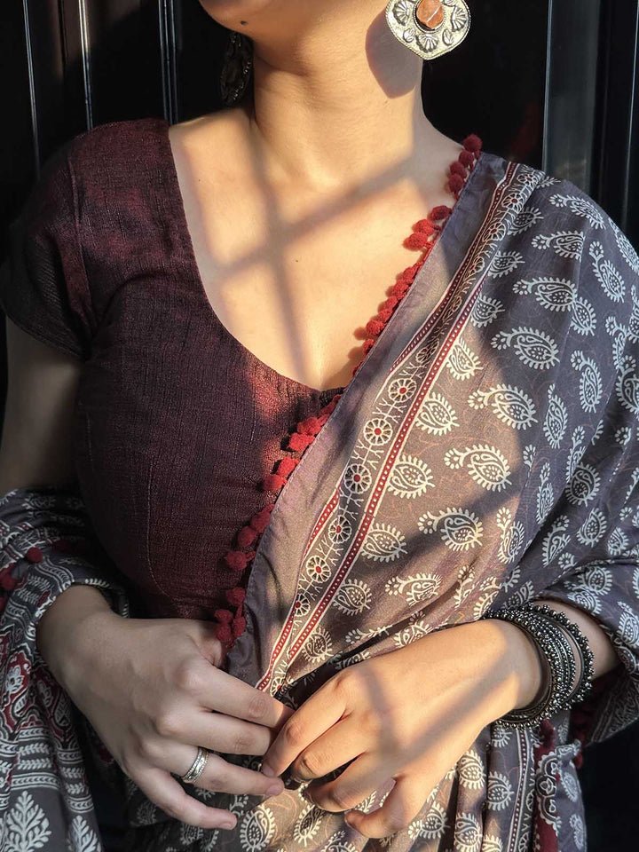 SareesPaisley Perfection Mauve Muslin Cotton SareePolki by Bhagwati SareesFlourish Planet