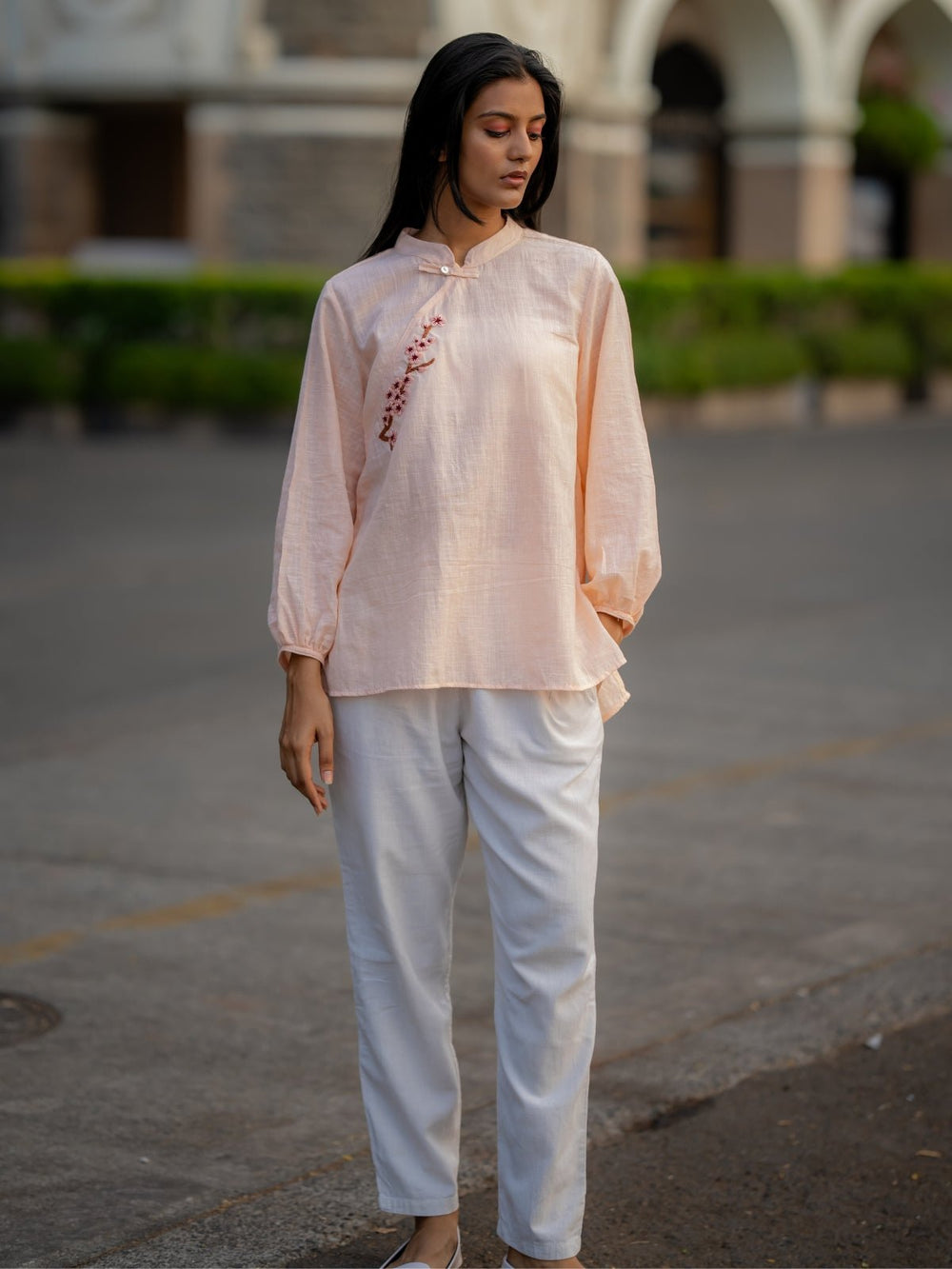 TopsPale Pink Hand Embroidered ShirtKrushnachuda