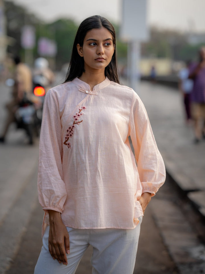 TopsPale Pink Hand Embroidered ShirtKrushnachuda