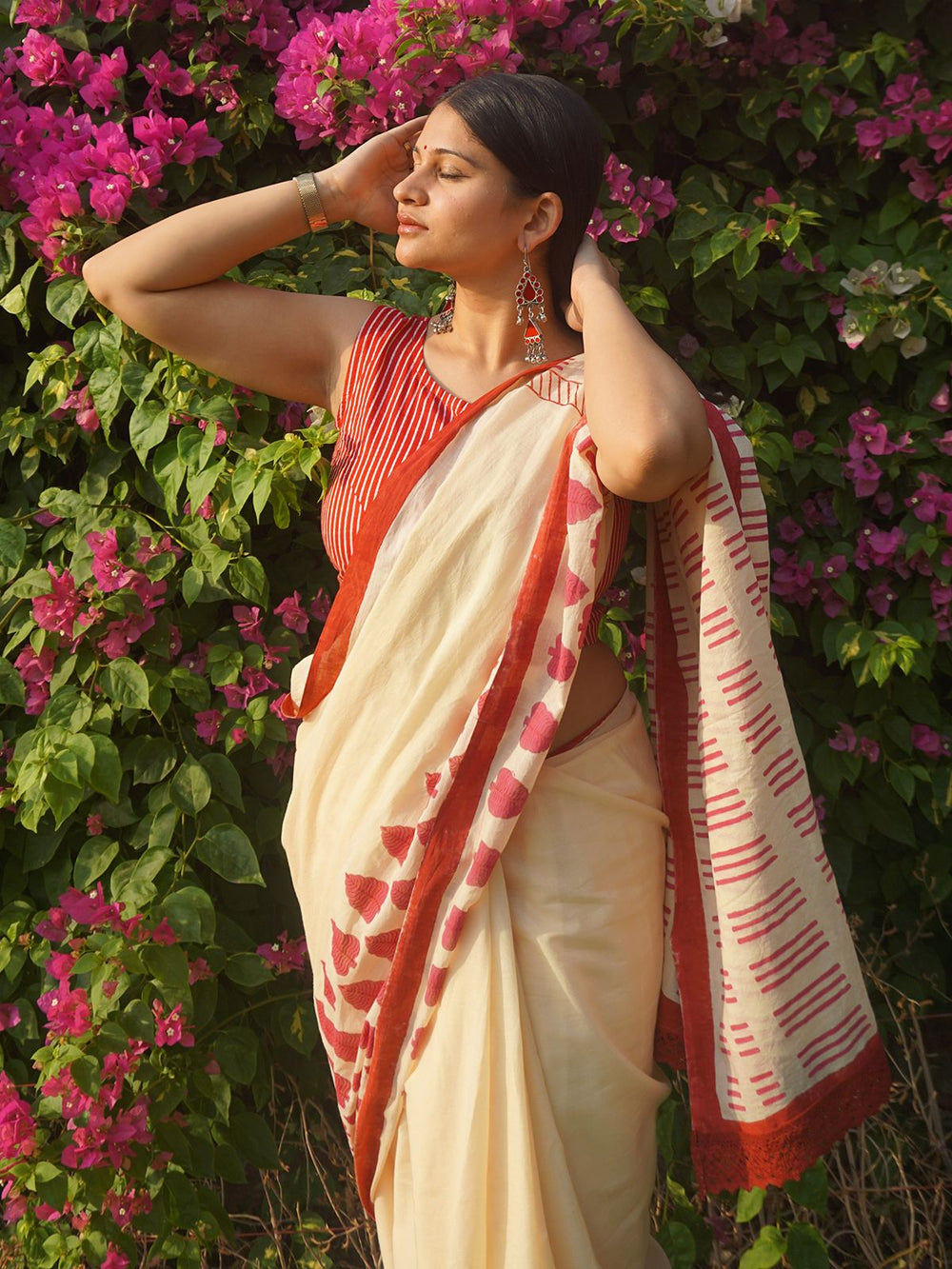SareesPankhudi Cream Mul Cotton Leaf Print SareePolki by Bhagwati SareesFlourish Planet