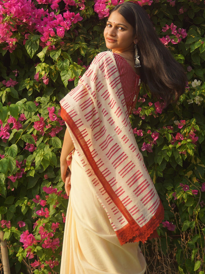 SareesPankhudi Cream Mul Cotton Leaf Print SareePolki by Bhagwati SareesFlourish Planet