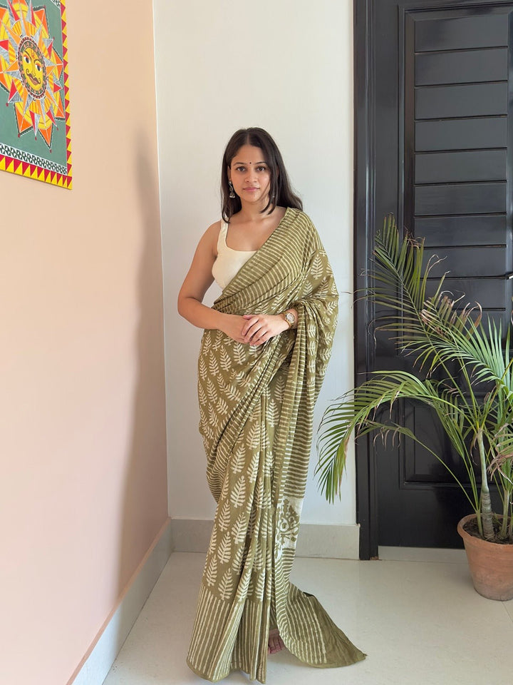 SareesPehla Saawan Green Dabu Print SareePolki by Bhagwati SareesFlourish Planet