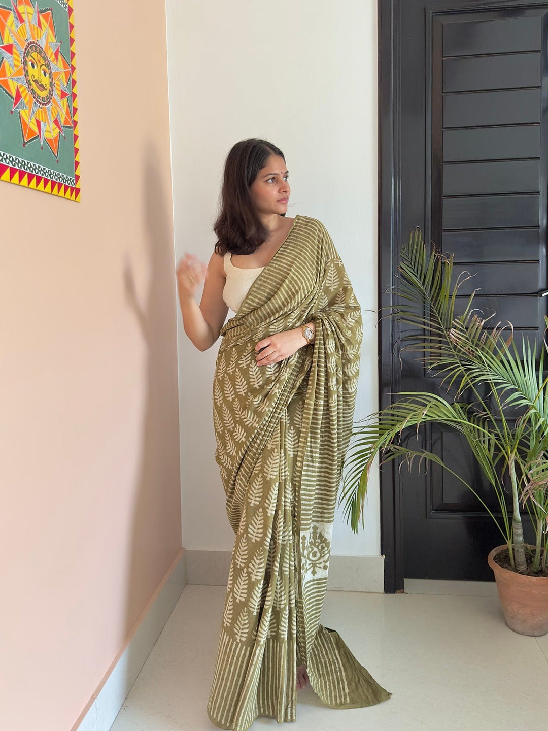 SareesPehla Saawan Green Dabu Print SareePolki by Bhagwati SareesFlourish Planet