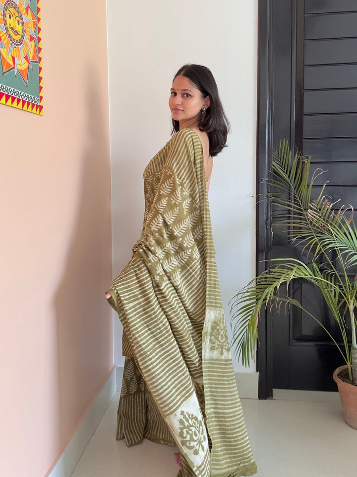 SareesPehla Saawan Green Dabu Print SareePolki by Bhagwati SareesFlourish Planet