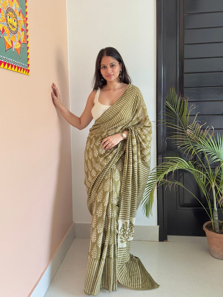 SareesPehla Saawan Green Dabu Print SareePolki by Bhagwati SareesFlourish Planet