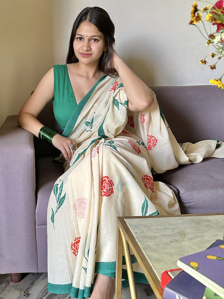 SareesPhool Bahar Cream Mul Cotton SareePolki by Bhagwati SareesFlourish Planet