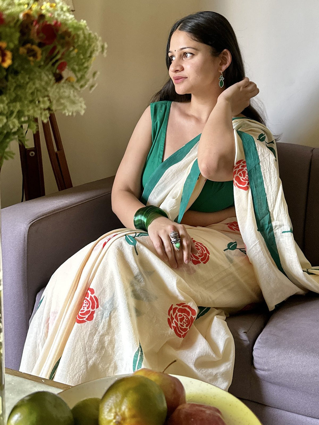 SareesPhool Bahar Cream Mul Cotton SareePolki by Bhagwati SareesFlourish Planet