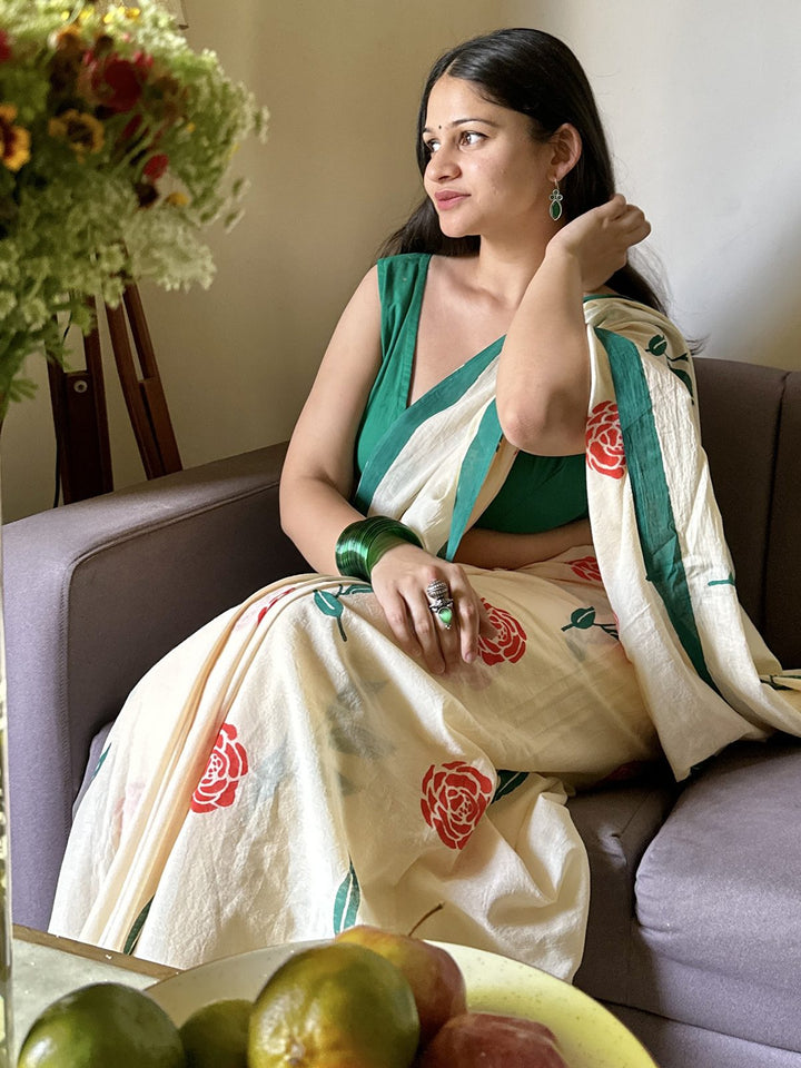 SareesPhool Bahar Cream Mul Cotton SareePolki by Bhagwati SareesFlourish Planet