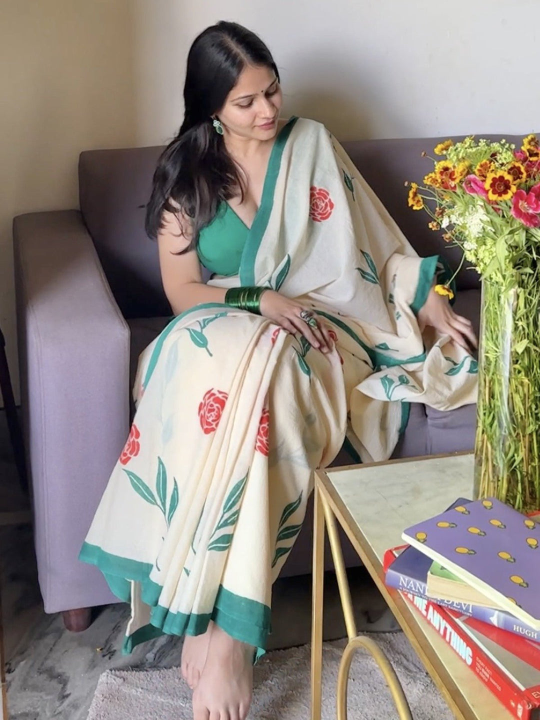 SareesPhool Bahar Cream Mul Cotton SareePolki by Bhagwati SareesFlourish Planet