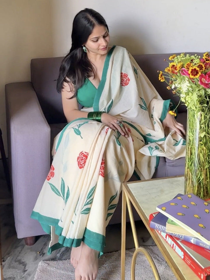 SareesPhool Bahar Cream Mul Cotton SareePolki by Bhagwati SareesFlourish Planet