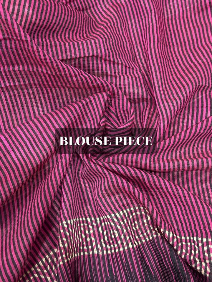 SareesPhool Kali Pink Hand Block Printed Katan silk Linen SareePolki by Bhagwati SareesFlourish Planet