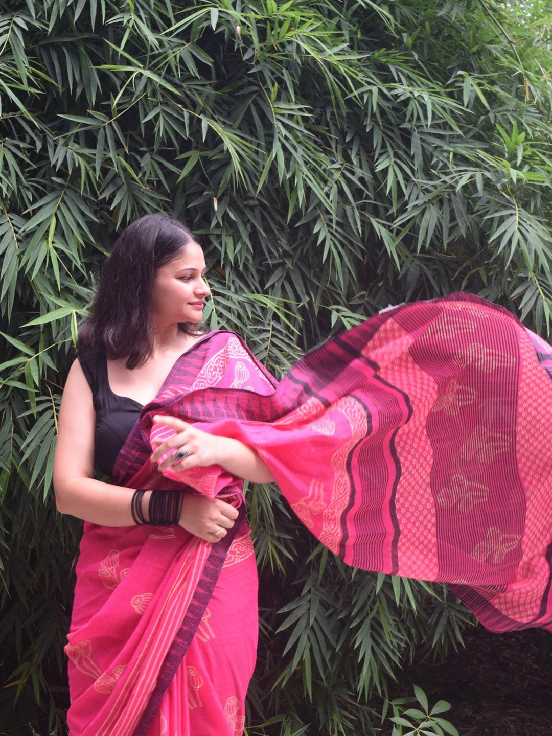 SareesPhool Kali Pink Hand Block Printed Katan silk Linen SareePolki by Bhagwati SareesFlourish Planet