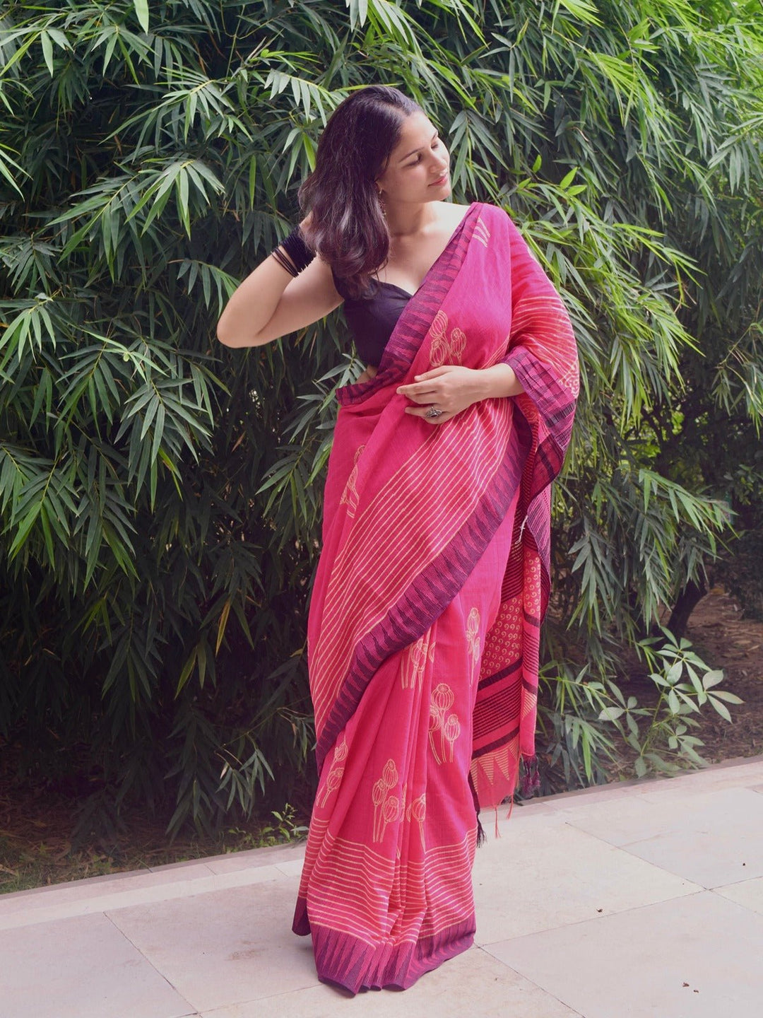 SareesPhool Kali Pink Hand Block Printed Katan silk Linen SareePolki by Bhagwati SareesFlourish Planet