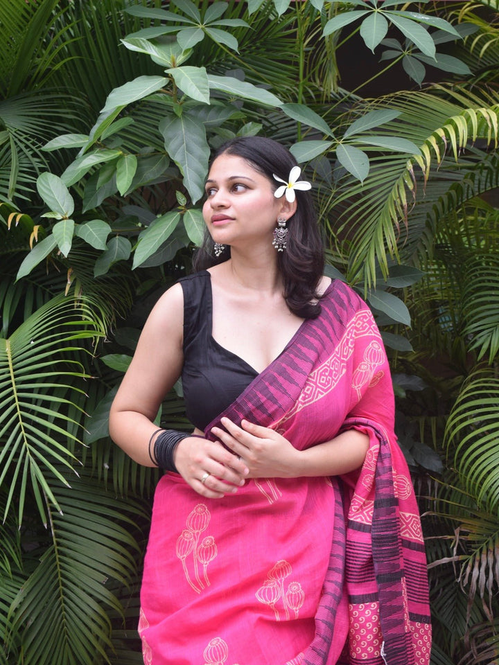 SareesPhool Kali Pink Hand Block Printed Katan silk Linen SareePolki by Bhagwati SareesFlourish Planet