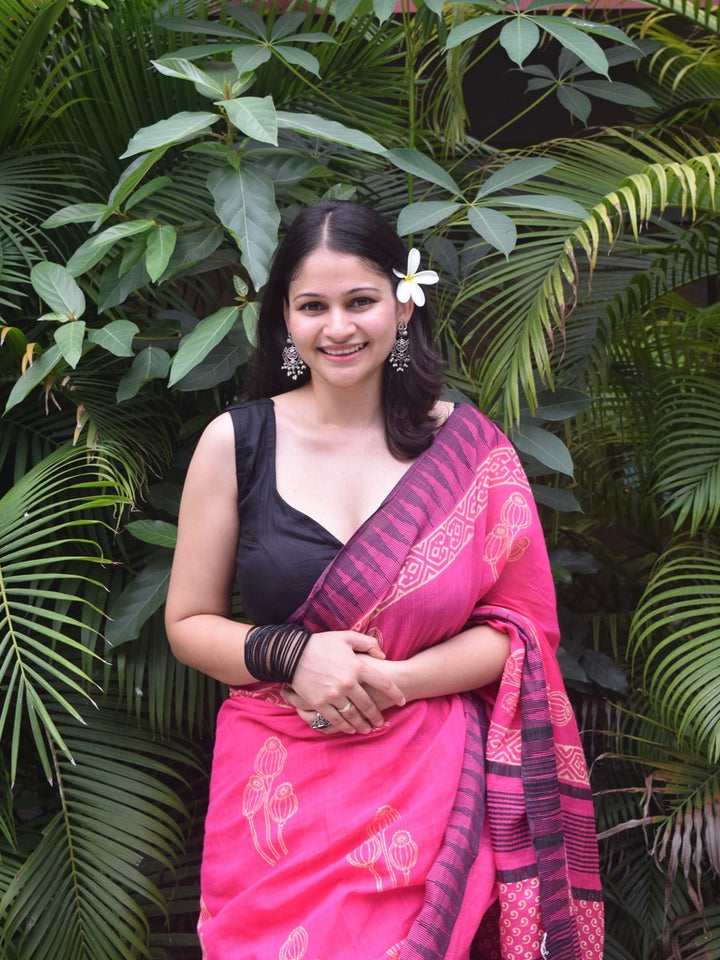 SareesPhool Kali Pink Hand Block Printed Katan silk Linen SareePolki by Bhagwati SareesFlourish Planet