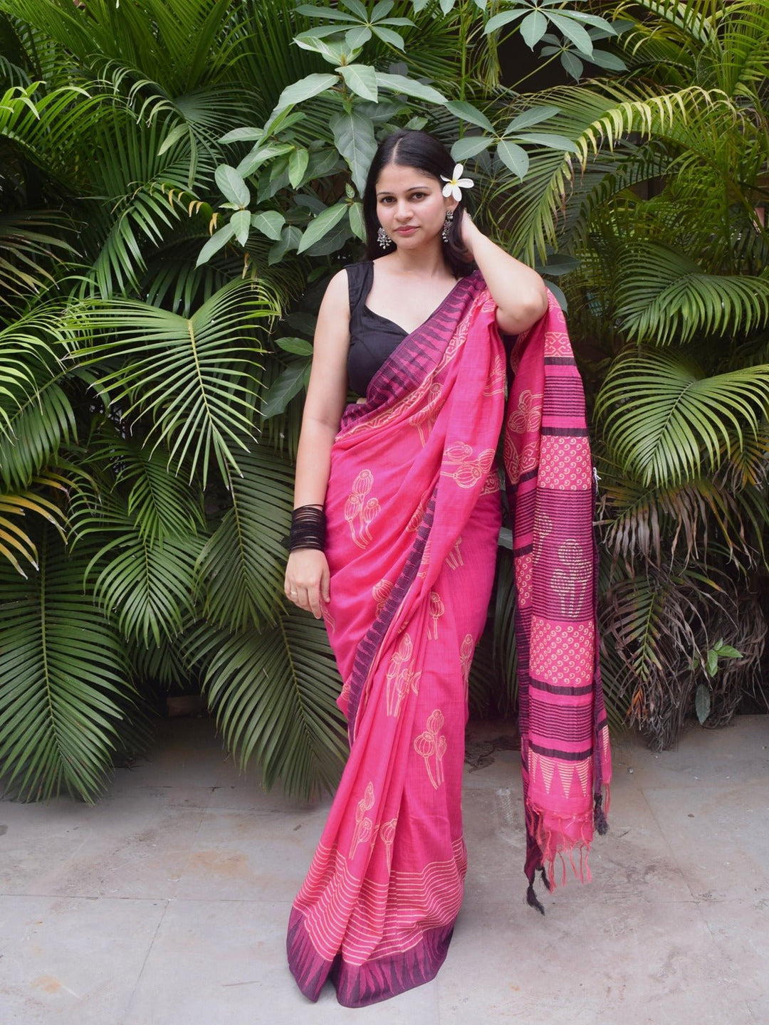 SareesPhool Kali Pink Hand Block Printed Katan silk Linen SareePolki by Bhagwati SareesFlourish Planet