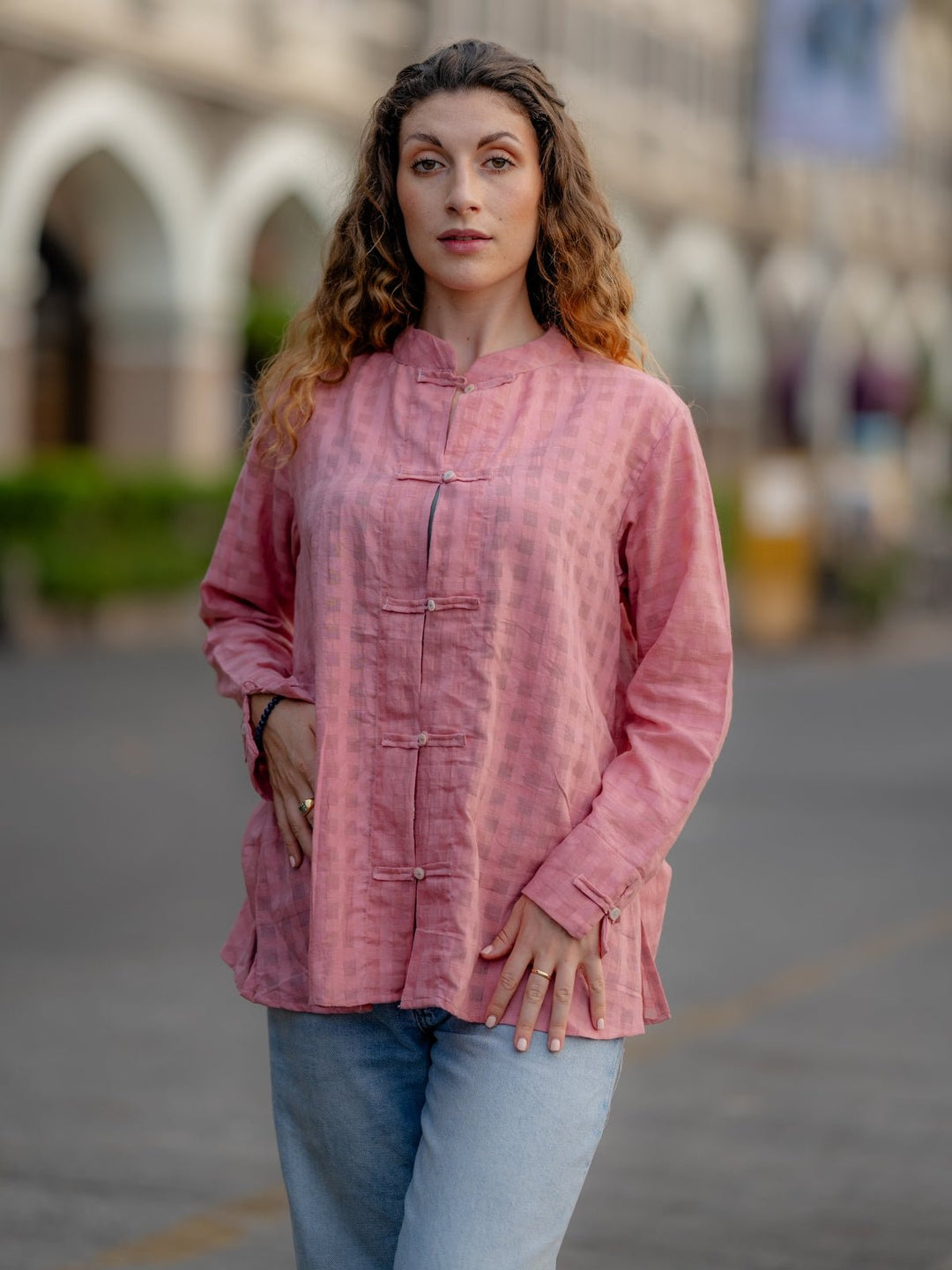 TopsPink Textured Handwoven ShirtKrushnachuda