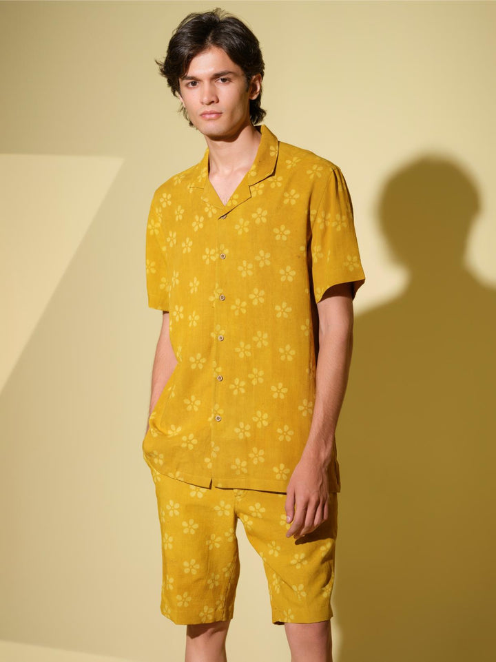 Co - ord SetsPrakriti - Men's Organic Block Printed Linen and Bamboo yellow co - ord setVasudhaa VastrramFlourish Planet