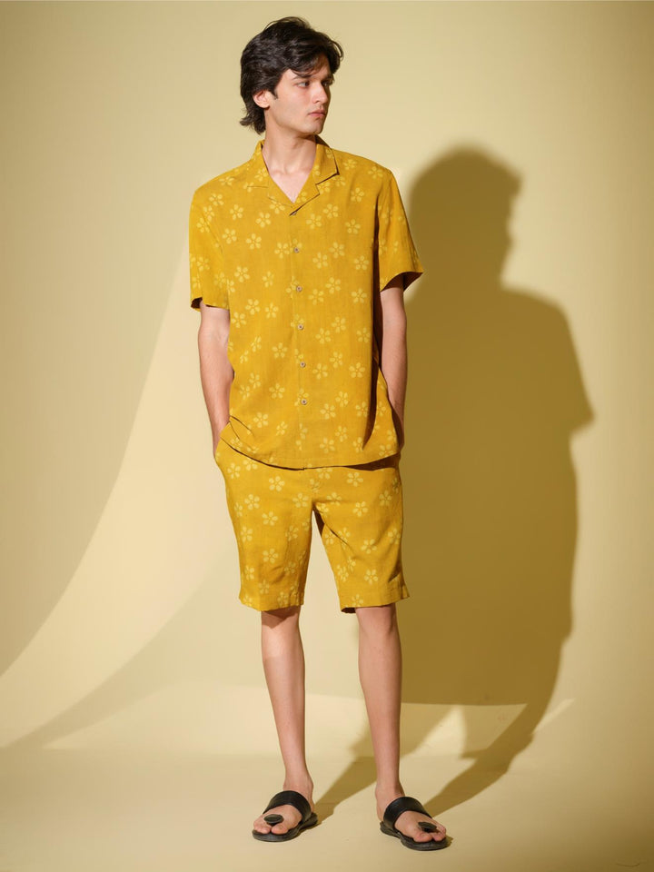 Co - ord SetsPrakriti - Men's Organic Block Printed Linen and Bamboo yellow co - ord setVasudhaa VastrramFlourish Planet