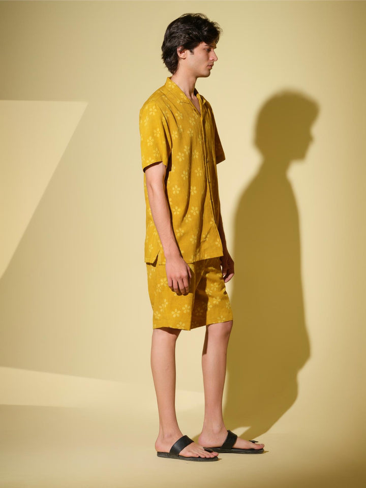 Co - ord SetsPrakriti - Men's Organic Block Printed Linen and Bamboo yellow co - ord setVasudhaa VastrramFlourish Planet